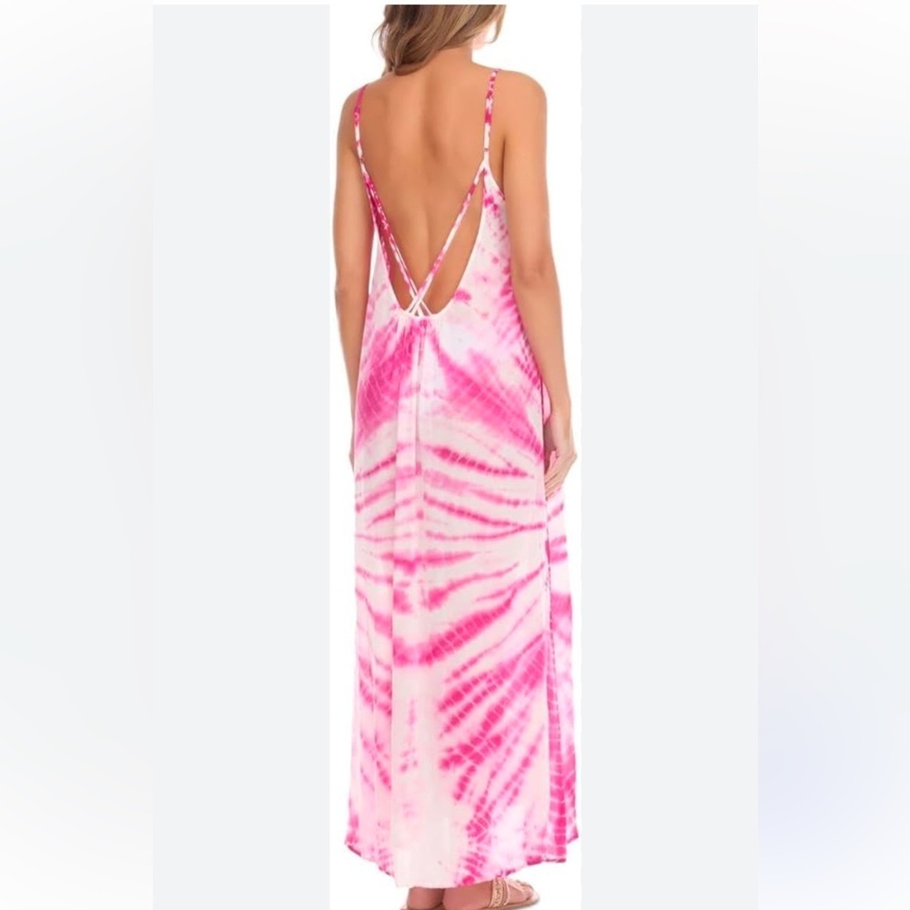 Raviya Tie - Dye Maxi Magenta White Gauze Criss Cross Back Flowy Cover Up Dress - Picture 10 of 12